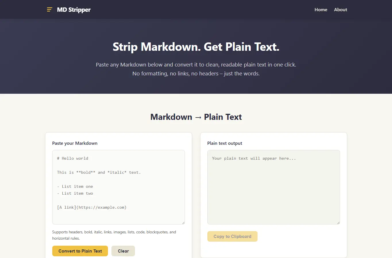 Screenshot of MD Stripper – Strip Markdown to Plain Text Instantly interface showing the project page in use